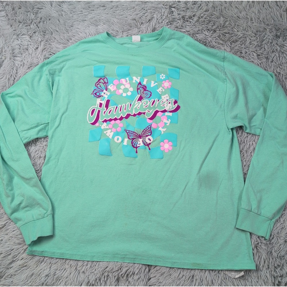 Iowa Hawkeyes Shirt Womens XL Teal University College Floral Tee Long Sleeve